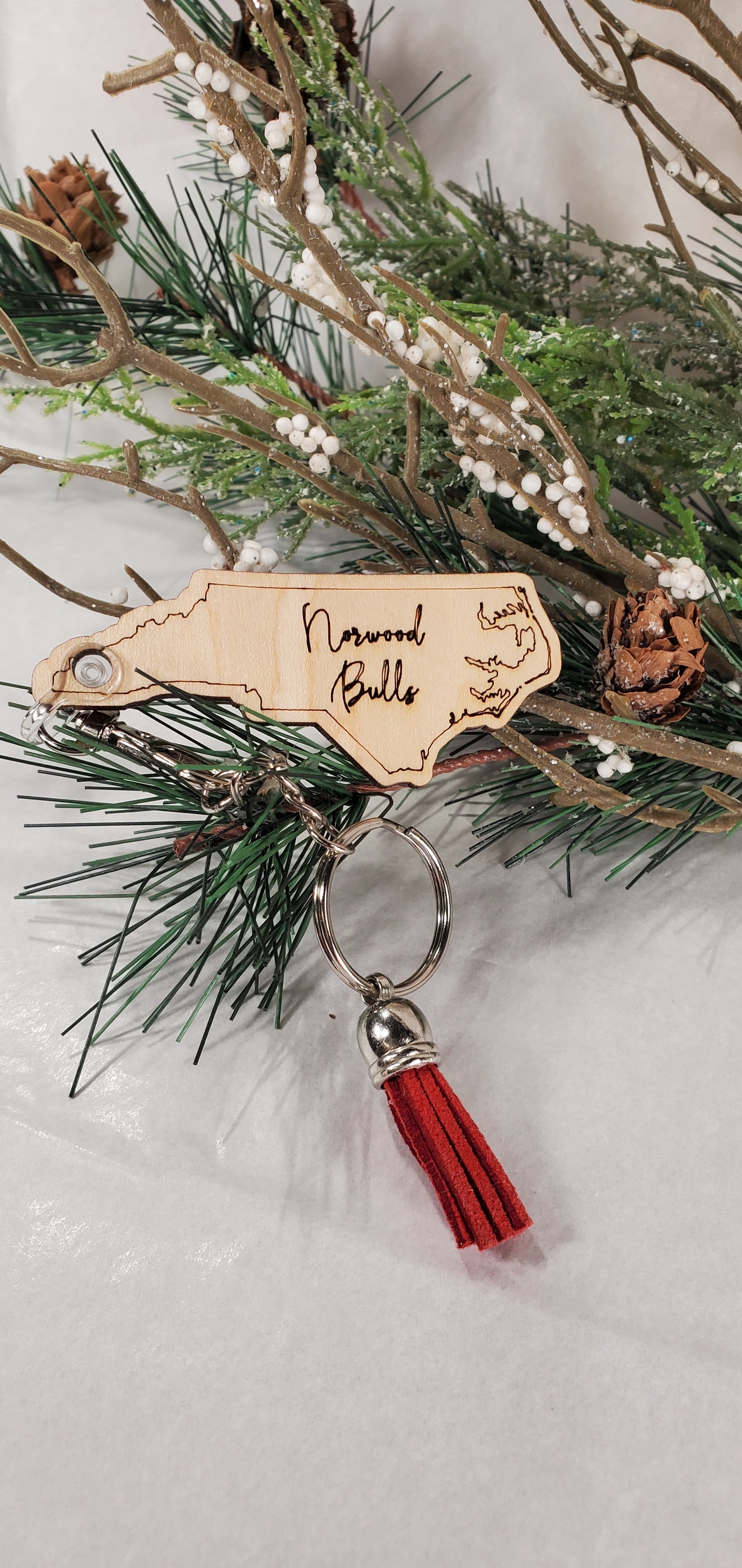 Custom engraved North Carolina with your Town/City keychain w/tassle