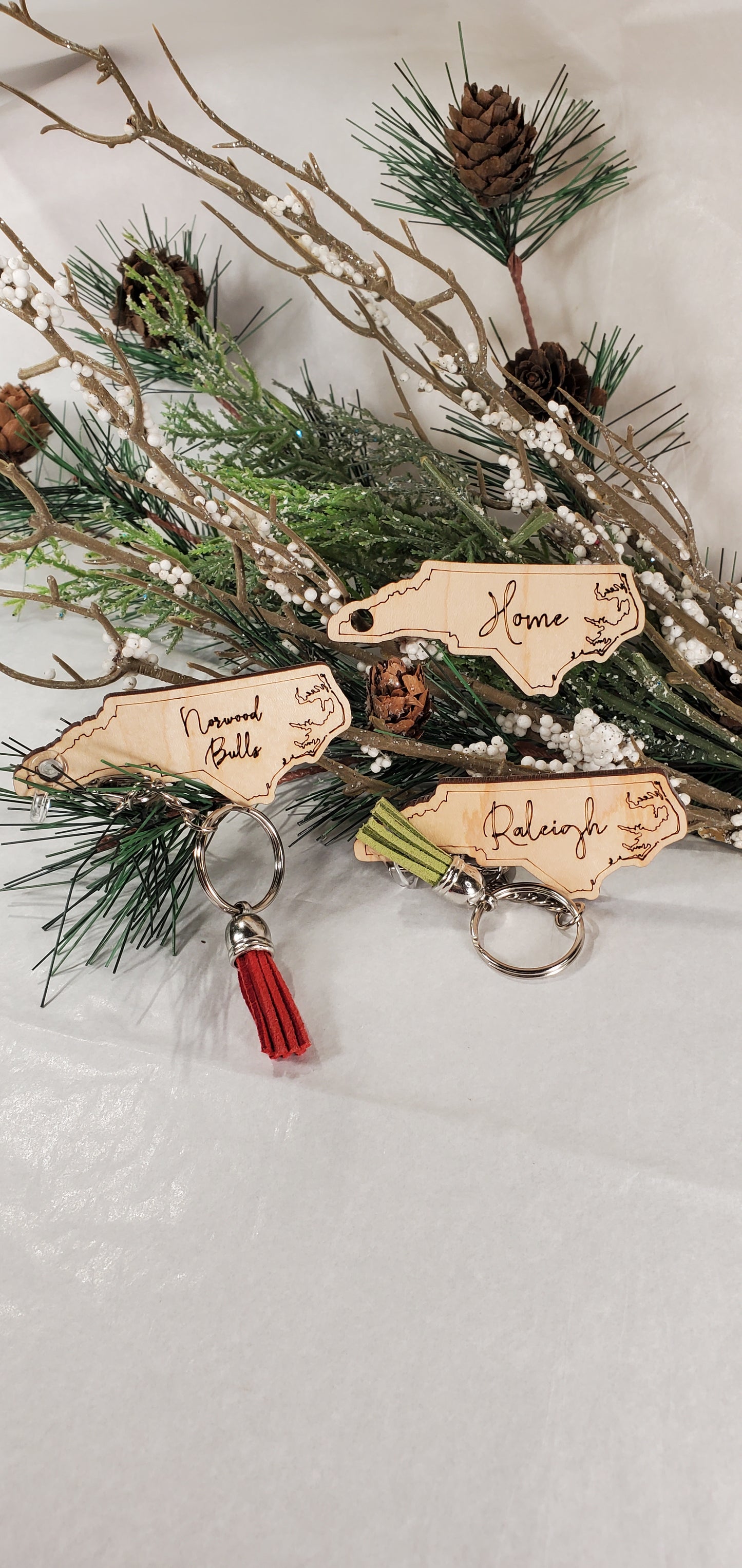 Custom engraved North Carolina with your Town/City keychain w/tassle