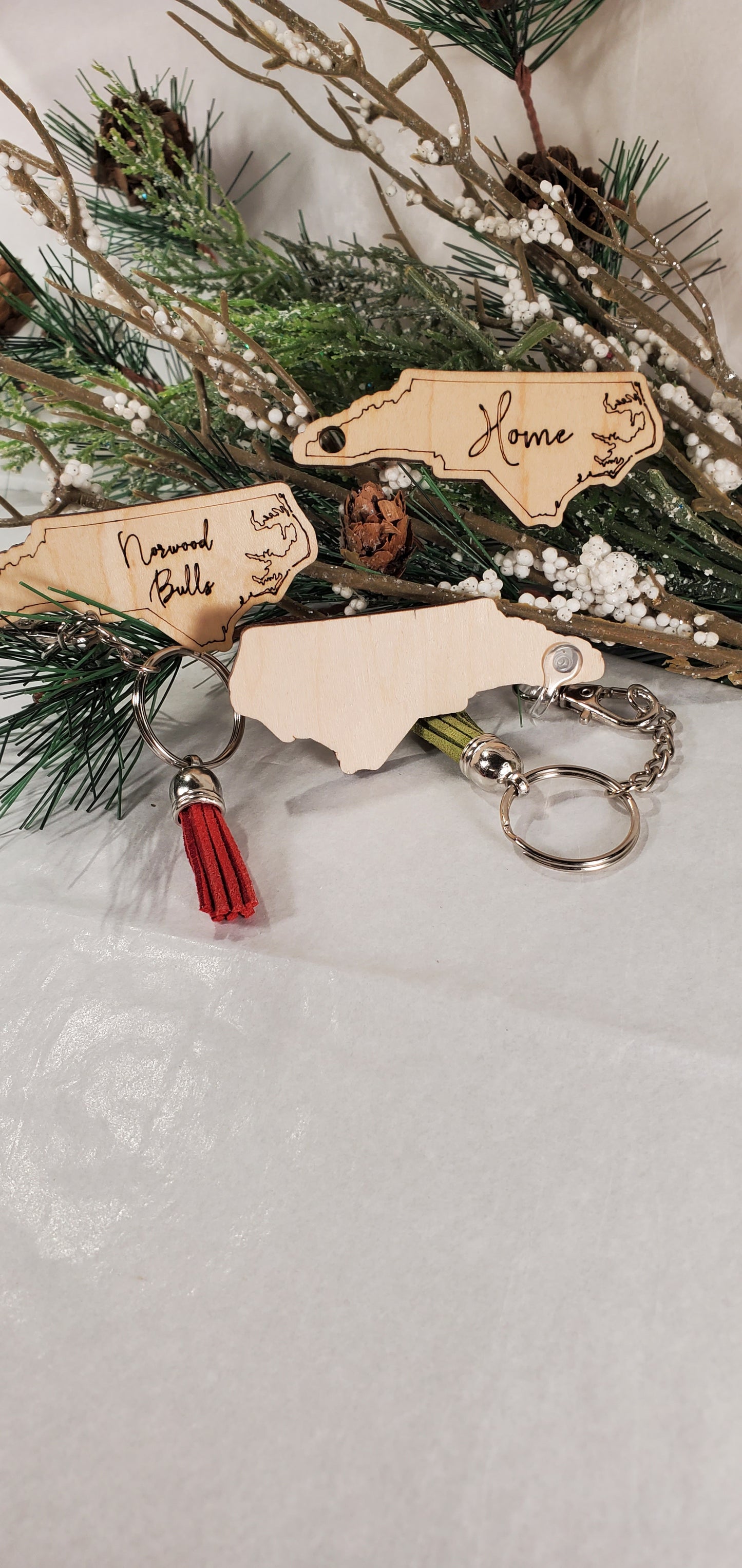 Custom engraved North Carolina with your Town/City keychain w/tassle