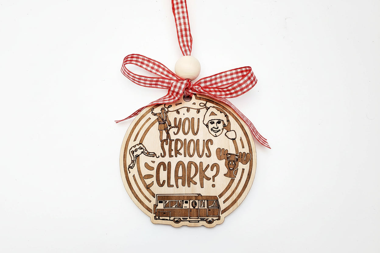 Are You Serious Clark ornament with Christmas Vacation scenes, Cousin Eddie RV, moose cup wood