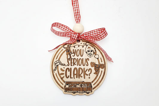 Are You Serious Clark ornament with Christmas Vacation scenes, Cousin Eddie RV, moose cup wood
