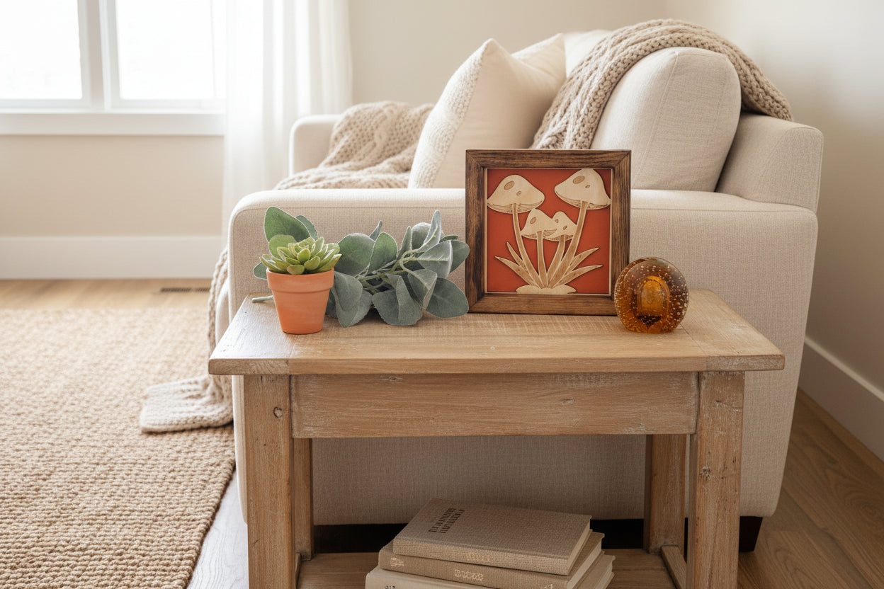 Boho handmade mushroom with orange and walnut stain.  Sitting on an end table with farmhouse room .decor
