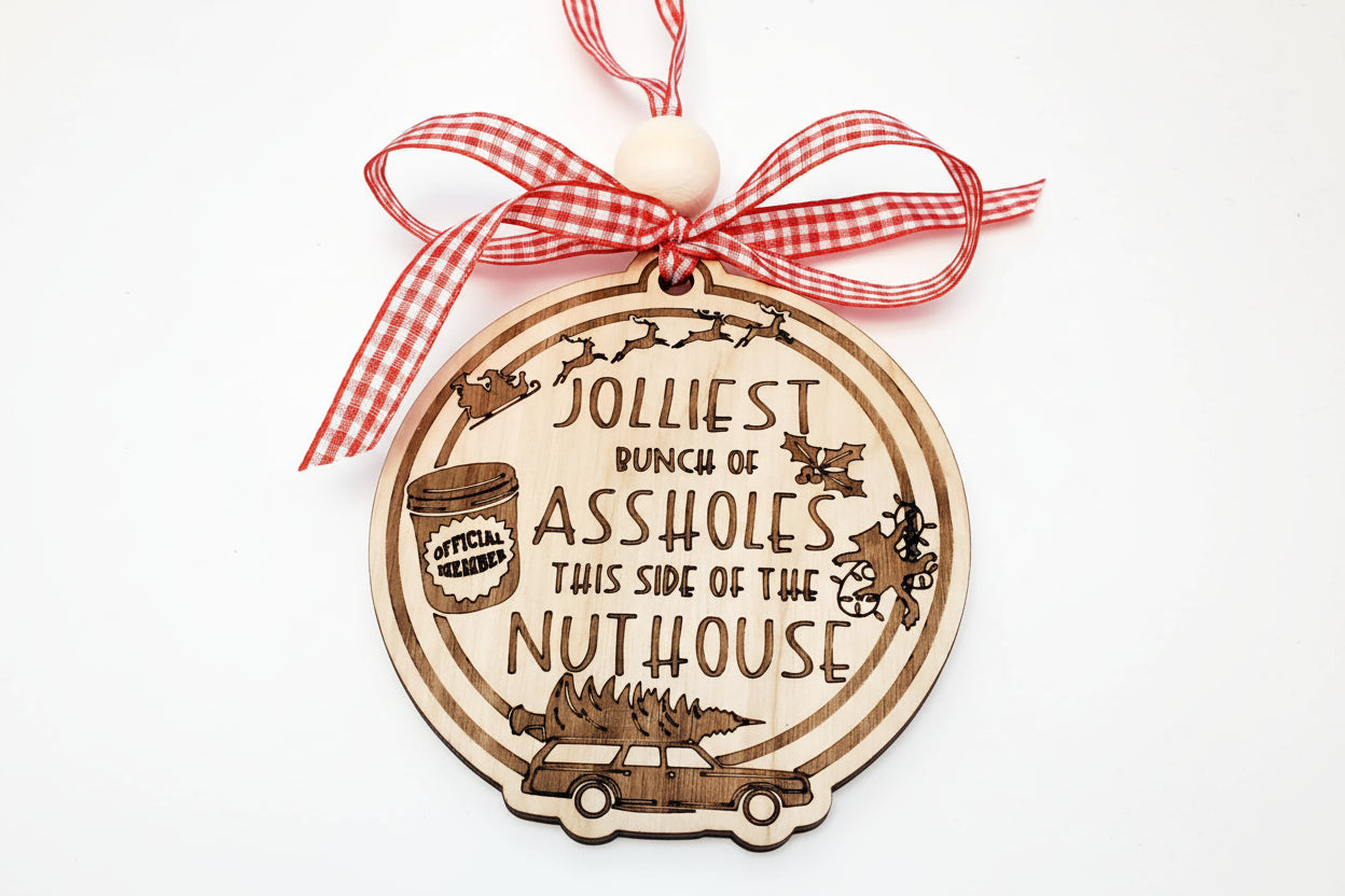 Jolliest Bunch of Assholes ornament with Christmas Vacation icons, Clark Griswold quote, birch wood, 4x4 inches
