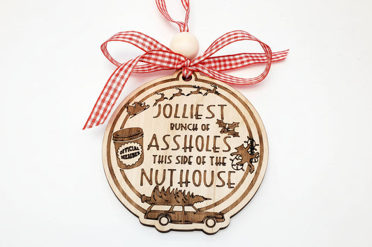 Jolliest Bunch of Assholes ornament with Christmas Vacation icons, Clark Griswold quote, birch wood, 4x4 inches
