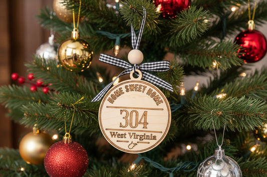 Natural light, birch wood engraved with the phrase, Home Sweet Home along with the area code of 304. West Virginia and the state outline is engraved towards the bottom of the round ornament. A white and black buffalo plaid ribbon and solid, round wood bead adds the finishing touch.