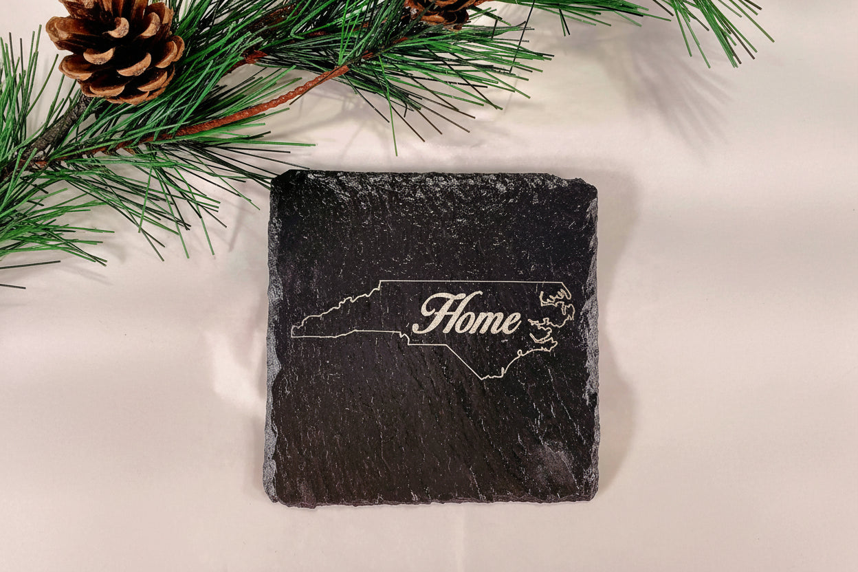 Custom slate coaster showing different personalization options, laser engraved

