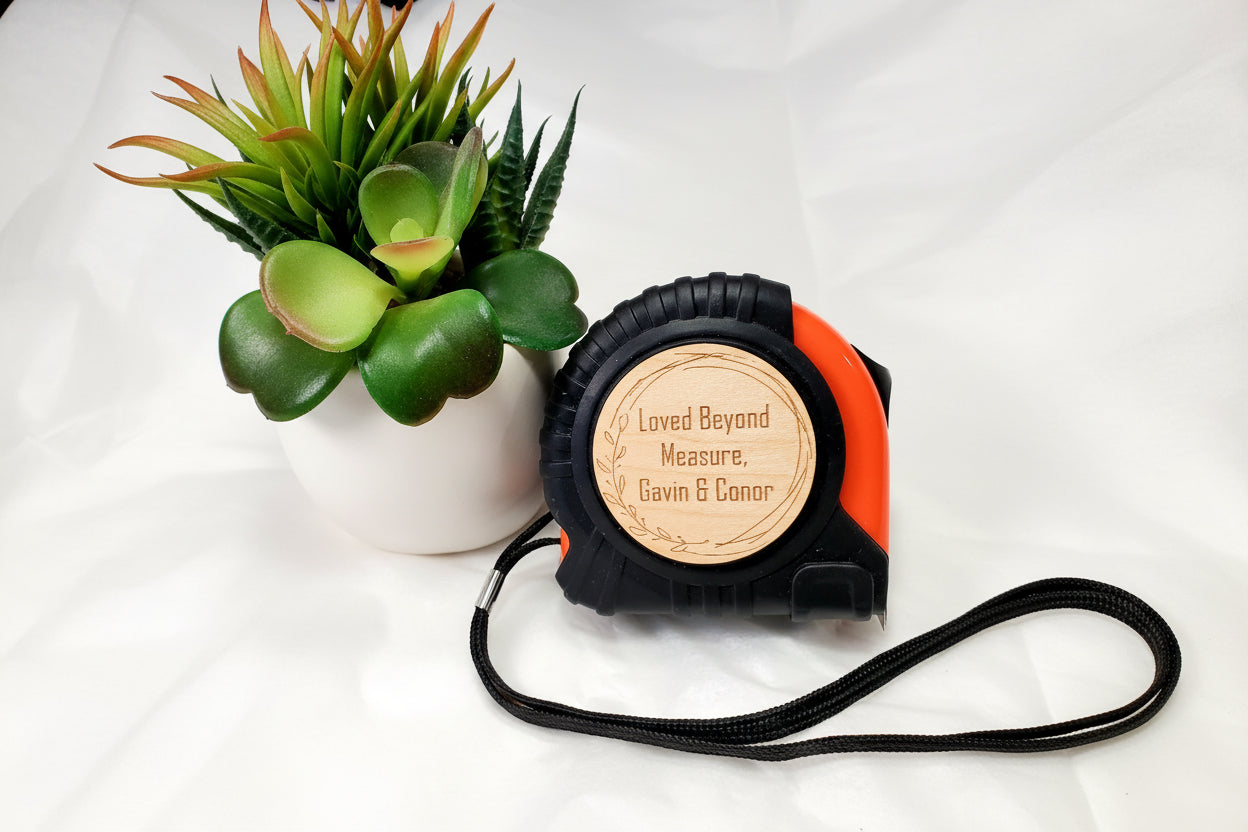 Laser engraved measuring tape with custom text, professional quality tool gift, made in USA
