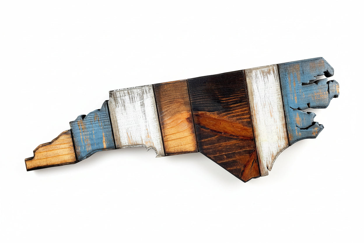 Wooden wall art in the shape of North Carolina with multi-colored finish on a white background