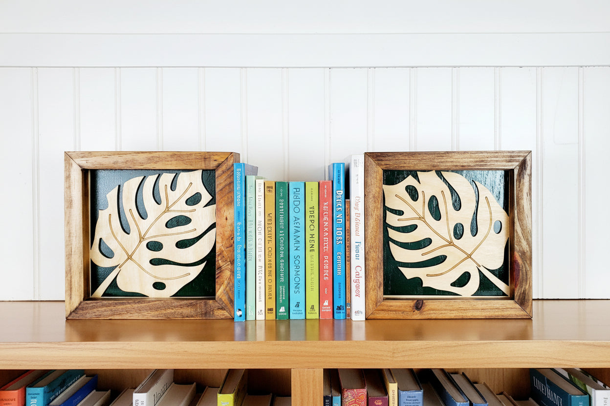 Two framed leaf wood signs on a shelf with colorful books. Close-up of monstera deliciosa leaf wood art showing multi-tone stain detail
