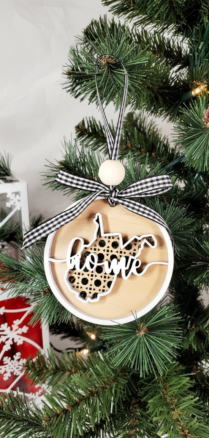 Decorative West Virginia Christmas ornament with 'home' on a tree with a vintage vibe.