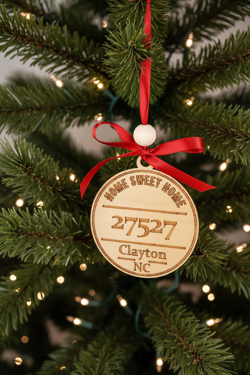 custom town and zip code ornament engraved on birch wood. A hand tied ribbon and wood bead finish off this beautiful ornament.