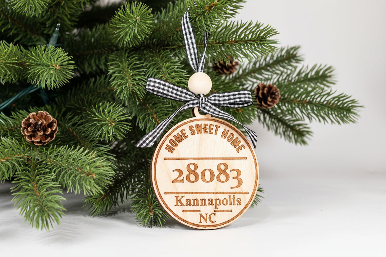 custom zip code and town Home Sweet Home ornament that is simple, yet beautiful wooden ornament finished with a hand tied checkered ribbon and wood bead