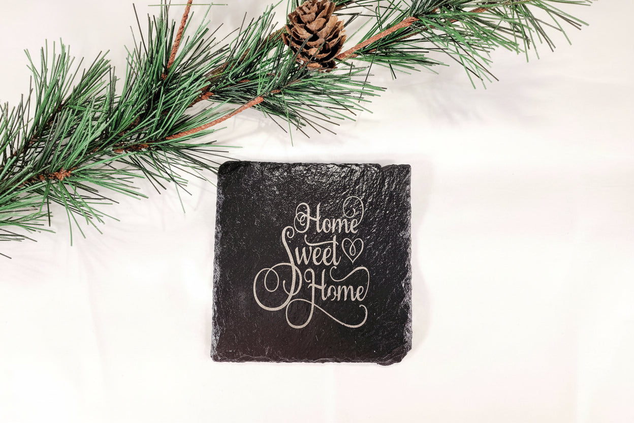 Personalized slate coasters with state outline and Home engraving, natural stone with gloss finish
