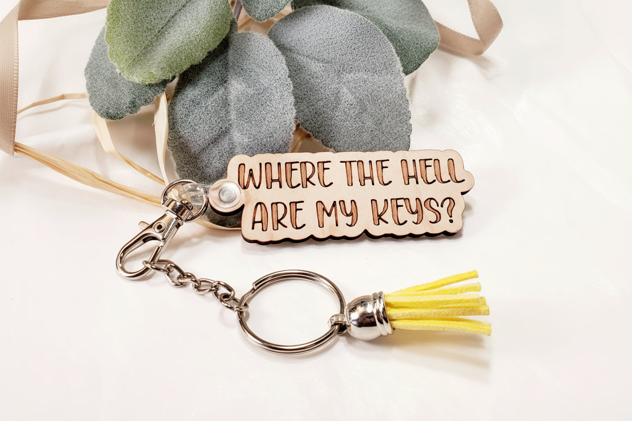Variety of funny keychains with snarky sayings, handmade wood keychains, made in USA
